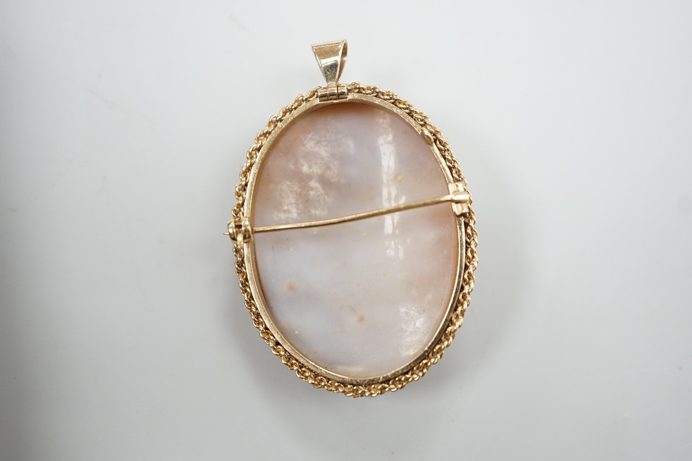 A modern 9ct gold mounted oval cameo shell pendant brooch, carved with a bird and bust of a lady to sinister, overall 49mm